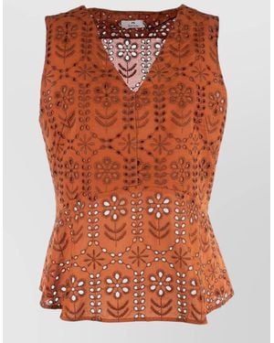 Paul Smith Sleeveless V Neck Top Embroidered Peplum - Orange