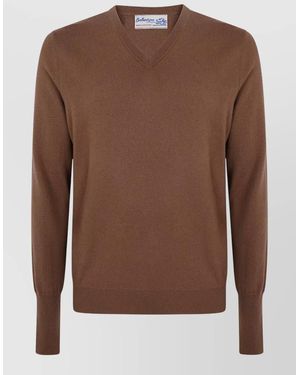 Ballantyne Long Sleeve V Neck Knit Jumper - Brown
