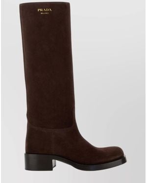 Prada Suede Knee-High Block Heel Boots - Brown