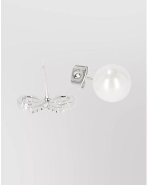 Self-Portrait Beaded Bow Brass Crystal Pearl Stud - White