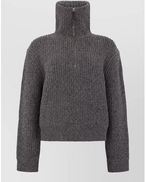 Vince Merino Wool Ribbed Cropped Zip-Collar Sweater - Gray