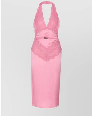 Gucci Silk Halterneck Lace Sleeveless Midi Dress - Pink