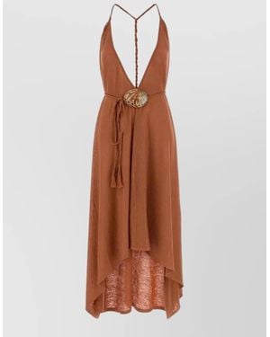 Alanui Linen Dress Deep V-Neck Open Back - Brown