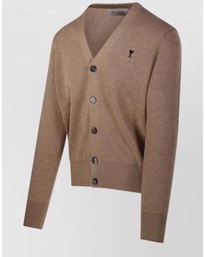 Ami Paris Merino Cardigan V Neck Ribbed Cuffs Hem - Brown