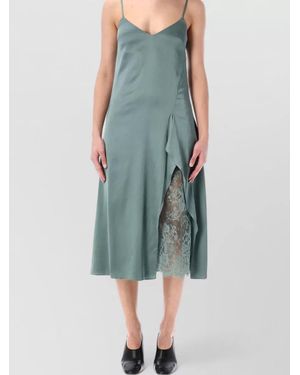 Acne Studios Satin V-Neck Lace-Trim Midi Dress - Blue