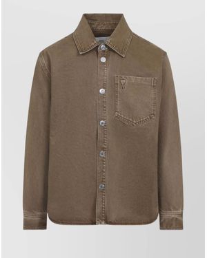 Ami Paris Heart Design Overshirt Chest Pocket - Brown