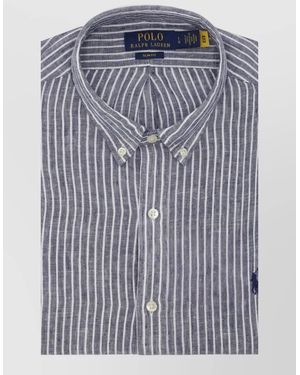 Ralph Lauren Striped Linen Shirt Button Down Collar Slim - Blue