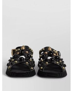 Dolce & Gabbana Leather Studded Slides Sandals - Black