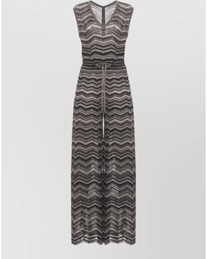 D.exterior Knit Jumpsuit Geometric Pattern Lurex Belt - White