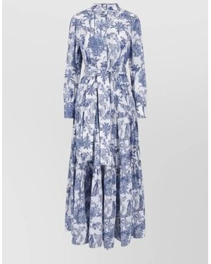 MC2 Saint Barth Printed Dress Belted Waist Long Sleeves - Blue