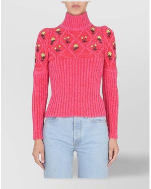 Cormio Ribbed Floral-Embroidered High-Neck Wool Jumper - Pink