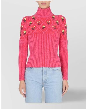 Cormio Wool Ribbed Floral-Embroidered Turtleneck Sweater - Pink