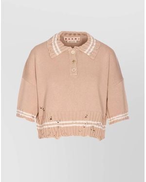 Marni Distressed Cropped Short-Sleeve Polo Shirt - Natural