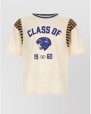 Valentino Garavani Panther Graphic Crew Neck Striped Sleeve T Shirt - Natural