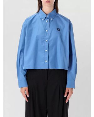 Miu Miu Cropped Poplin Shirt Boxy Cut Raw Hem - Blue