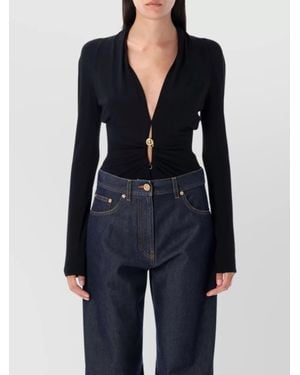 Versace Draped Deep V-Neck Long-Sleeve Bodysuit - Blue