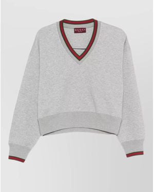 Gucci Cropped Knit Cardigan Striped Trim V Neckline - White