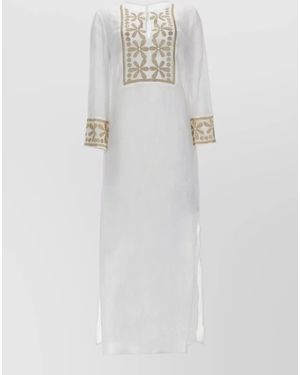 120% Lino Dress Floral Embroidery Sheer Long Round Neckline - White