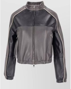LA ROSE Leather Bomber Jacket Contrast Panels - Grey