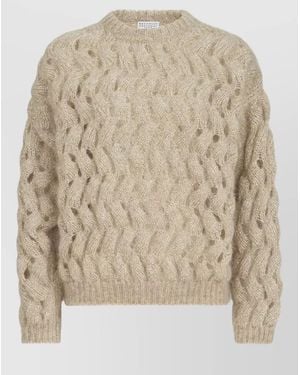Brunello Cucinelli Mohair Wool Zigzag Cable Crew Jumper - Natural