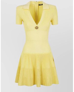 Balmain Short Sleeves Flechage Knit Flare Dress - Yellow