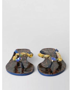 Dolce & Gabbana Embellished Leather Flat Sandals - Grey