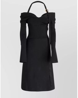 Ferragamo Viscose Off-Shoulder Long-Sleeve Flared Midi Dress - Black