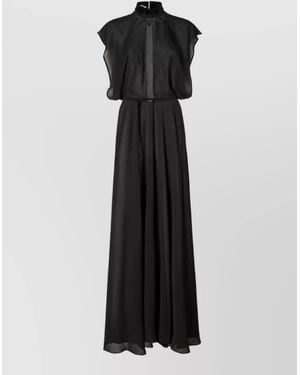 Fendi Silk Lace Trim High Neck Cap Sleeve Maxi Dress - Black