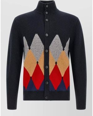 Ballantyne Cashmere Ribbed High-Neck Diamond-Intarsia Cardigan - Blue