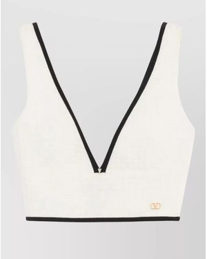 Valentino Garavani Canestrello Cotton Tweed V Neck Top - White