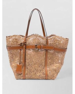 Ermanno Scervino Beach Bag Shopper Lace Leather Trim Handles - Brown