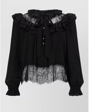 Self-Portrait Lace Top Long Sleeves Relaxed Fit - Black