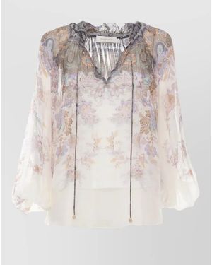 Zimmermann Paisley Viscose Blouse Long Sleeves Ruffles Sheer - White