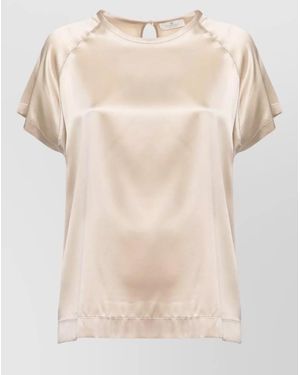 Panicale Keyhole Neck Short Sleeve Lightweight Blouse Top - Natural