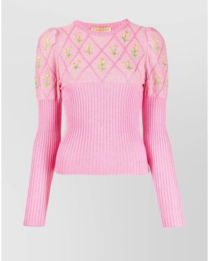 Cormio Metallic Knit Floral Embroidered Long-Sleeve Top - Pink