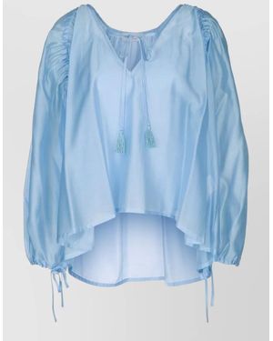ERMANNO FIRENZE Loose Blouse Top Ruched Sleeves Tassel Ties - Blue