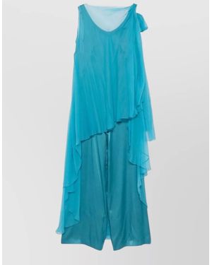 Alberta Ferretti Silk Jumpsuit Asymmetric Hem Bow Detail - Blue