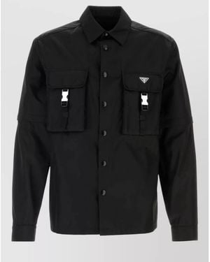 Prada Renylon Shirt Jacket Collared Adjustable Cuffs Flap Pockets - Black
