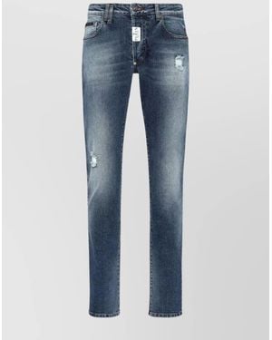 Philipp Plein Casual Trousers With Distressed Finish And Five Pockets - Blue