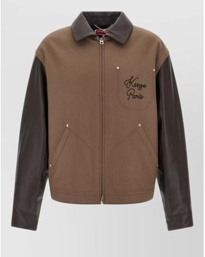 KENZO Paris Chainstitch Jacket Contrast Sleeves Buttons - Brown