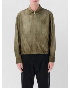 Prada Suede Leather Bomber Jacket Long Sleeves - Green