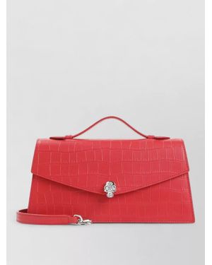 McQueen Skull Top Handle Crocodile Embossed Bag - Red