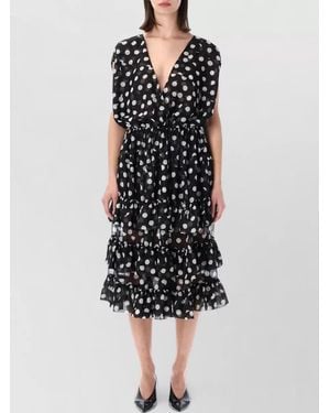 Dries Van Noten Polka-Dot Ruffle V-Neck Sleeveless Midi Dress - Black