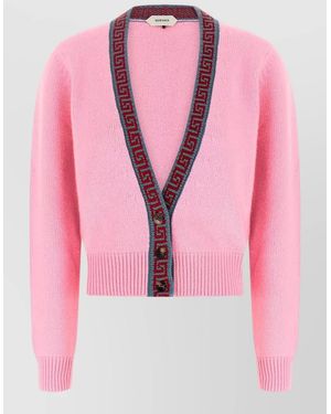 Versace Cashmere Wool V-Neck Ribbed Cardigan - Pink