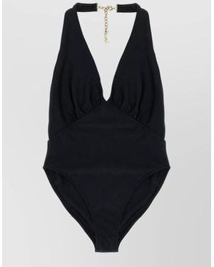 Saint Laurent Cassandre Plunge Halter Swimsuit Cut Out - Blue