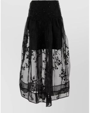 Ganni Organza Skirt Elastic Waistband Floral Embroidery Sheer - Black