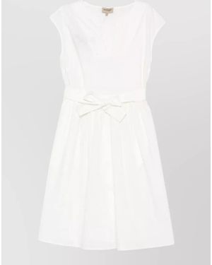 Woolrich Short Cotton Dress V Neckline Bow - White