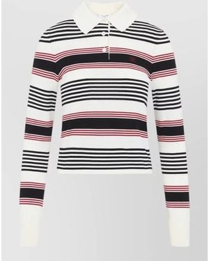 Celine Striped Ribbed Knit Polo Top - White