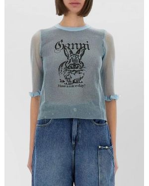 Ganni Bunny Crew Neck Knit Top Sheer - Blue