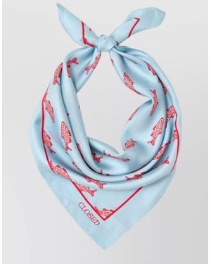 Closed Silk Scarf Square Shape Fish Pattern - Blue